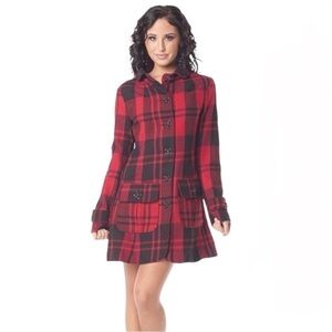 Anthropologie BB Dakota Red/Black Plaid Gothic Skull Pea Coat Coat Size S
